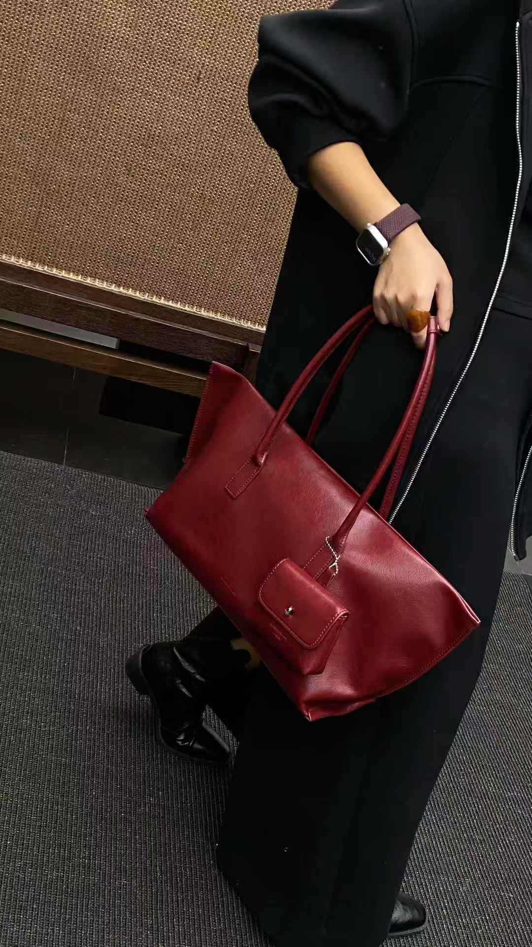 双根纯色托特包复古风单肩包腋下小众酒红色【109-219专用链接】