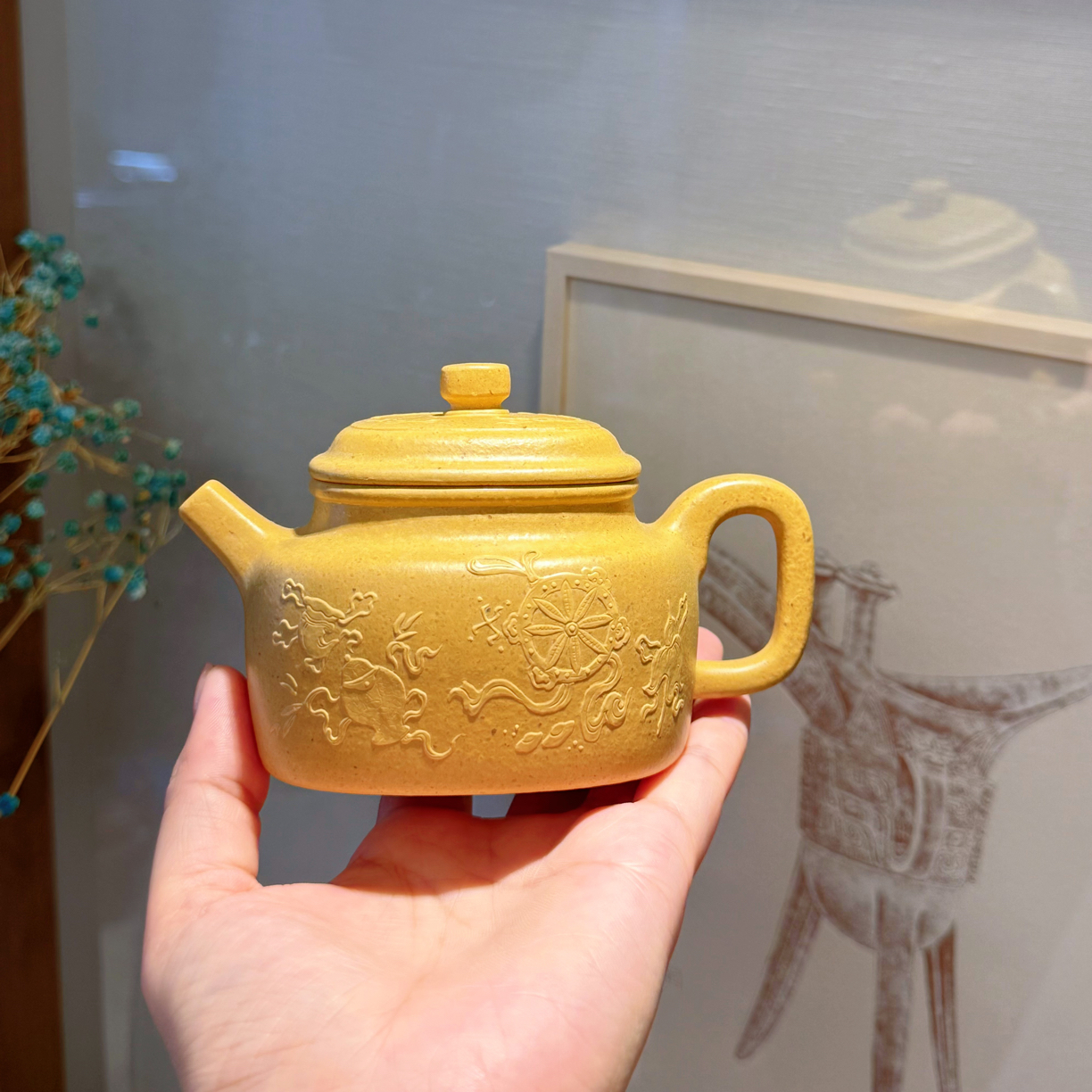 本山绿泥·圆擀方制四方德钟·本色泥绘八宝·200cc