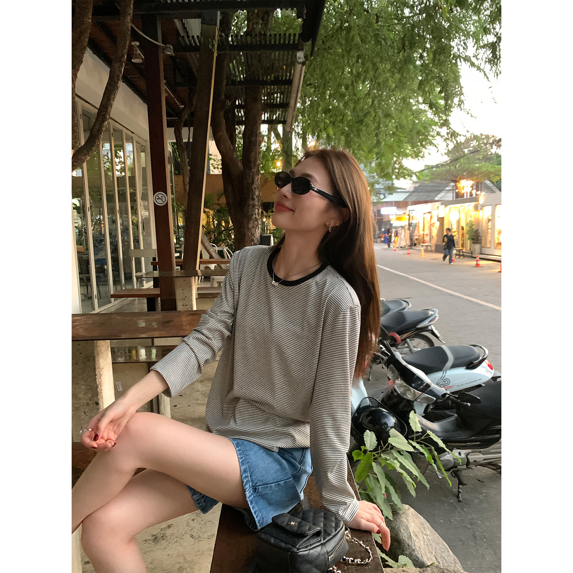 pusumede 经典条纹长袖女宽松圆领显瘦休闲针织上衣PST21418-C