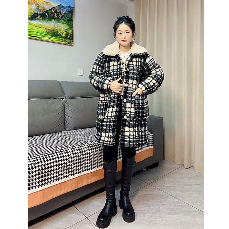 【特厚毛领】中长款冬季宽松睡衣加绒加厚家居服睡衣女格子保暖罩衣
