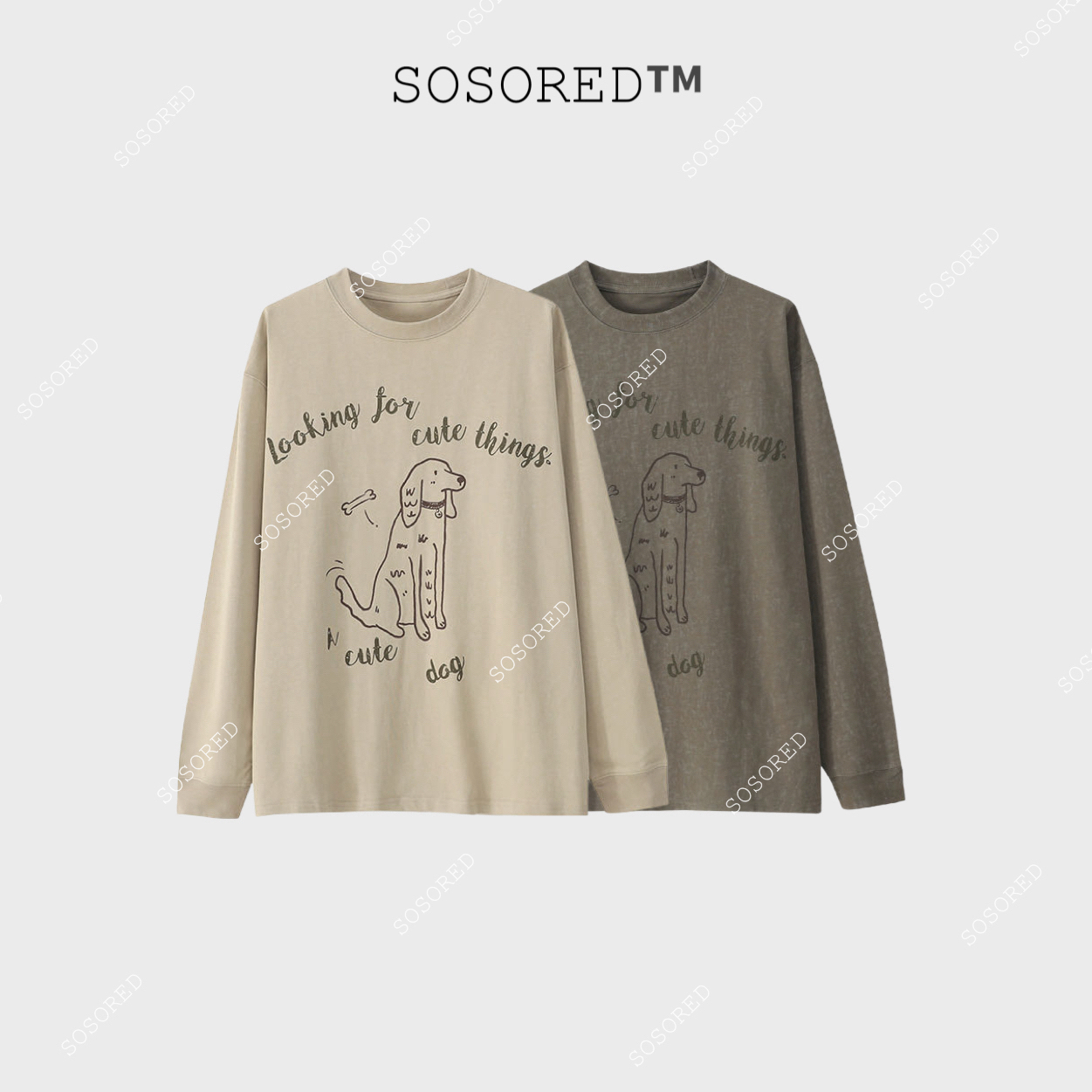 SOSORED / 扎染小狗 宽松大版水洗感长袖T恤上衣女