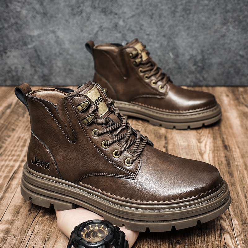 JEEP吉普男鞋真皮马丁靴秋冬新款高帮工装靴厚底防滑英伦风短靴男