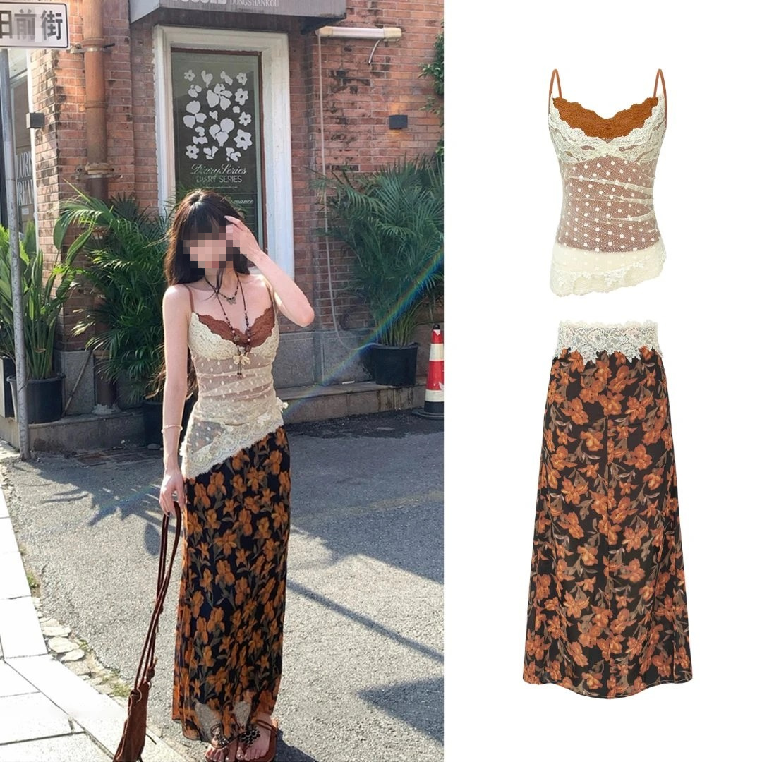 【盛夏栀子】纯欲不规则波点蕾丝吊带+碎花长裙半身裙+开衫