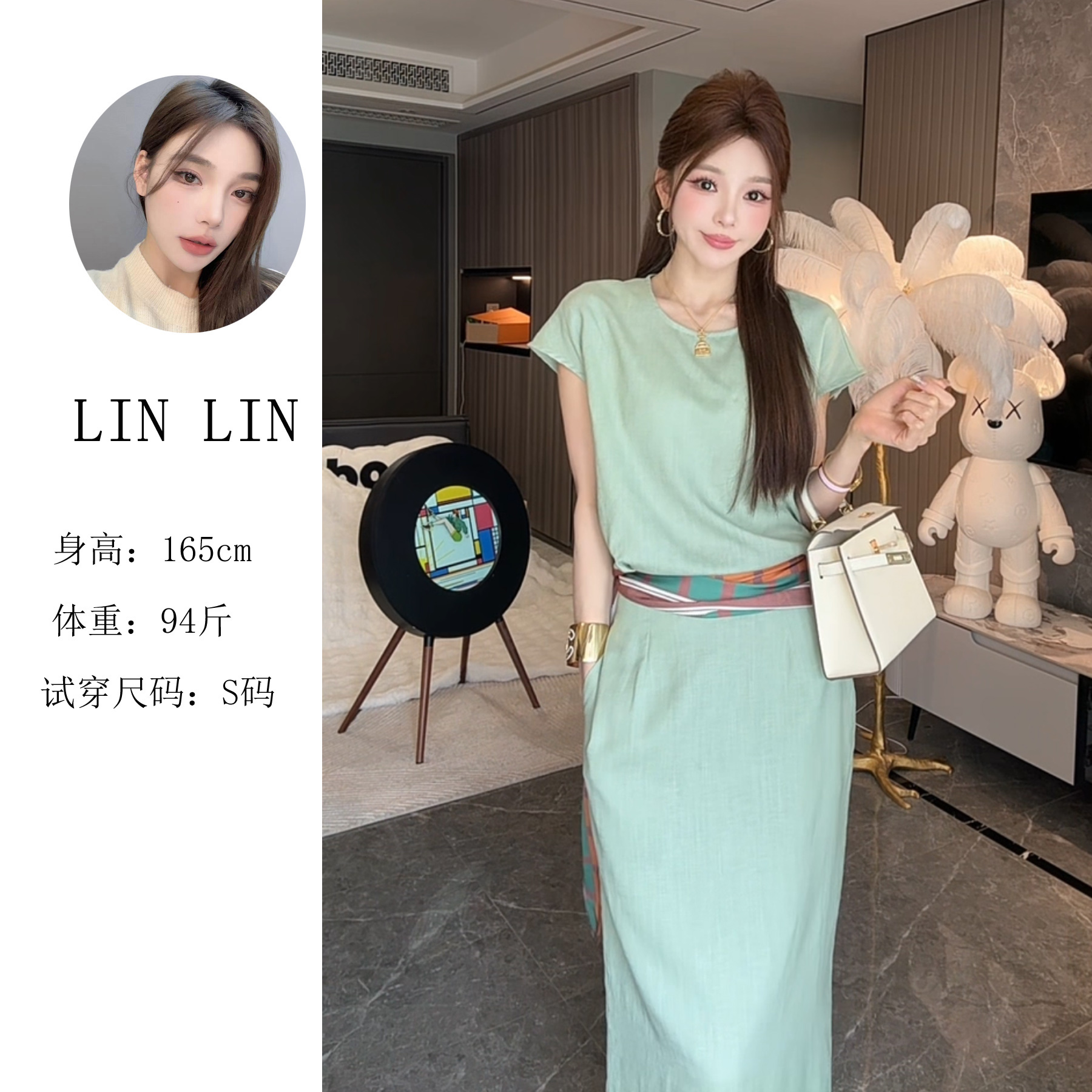 【琳5】亚麻套装拼接丝巾独特漂亮小香风上衣半身裙两件套2825
