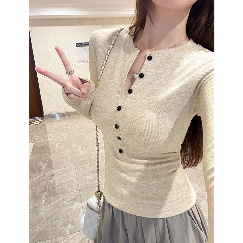 美式辣妹心机半开领长袖T恤女ins修身纯欲上衣秋冬加绒内搭打底衫