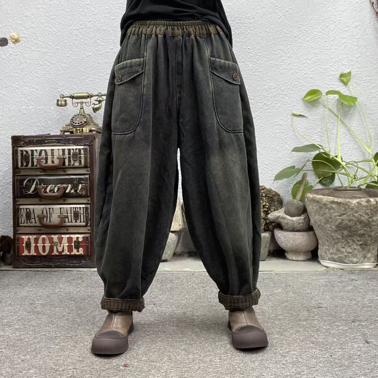 607复古蓝加绒口袋扣子炒色牛仔休闲裤（长92臀围134脚口40