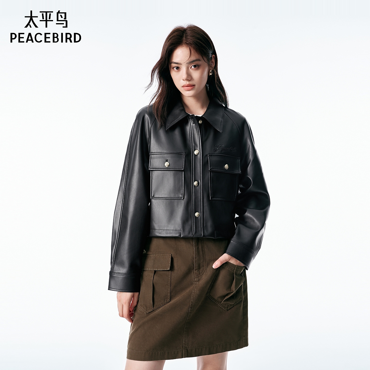 【丽公主专属】太平鸟爆款春季翻领显瘦合体pu短外套女AABBF111J