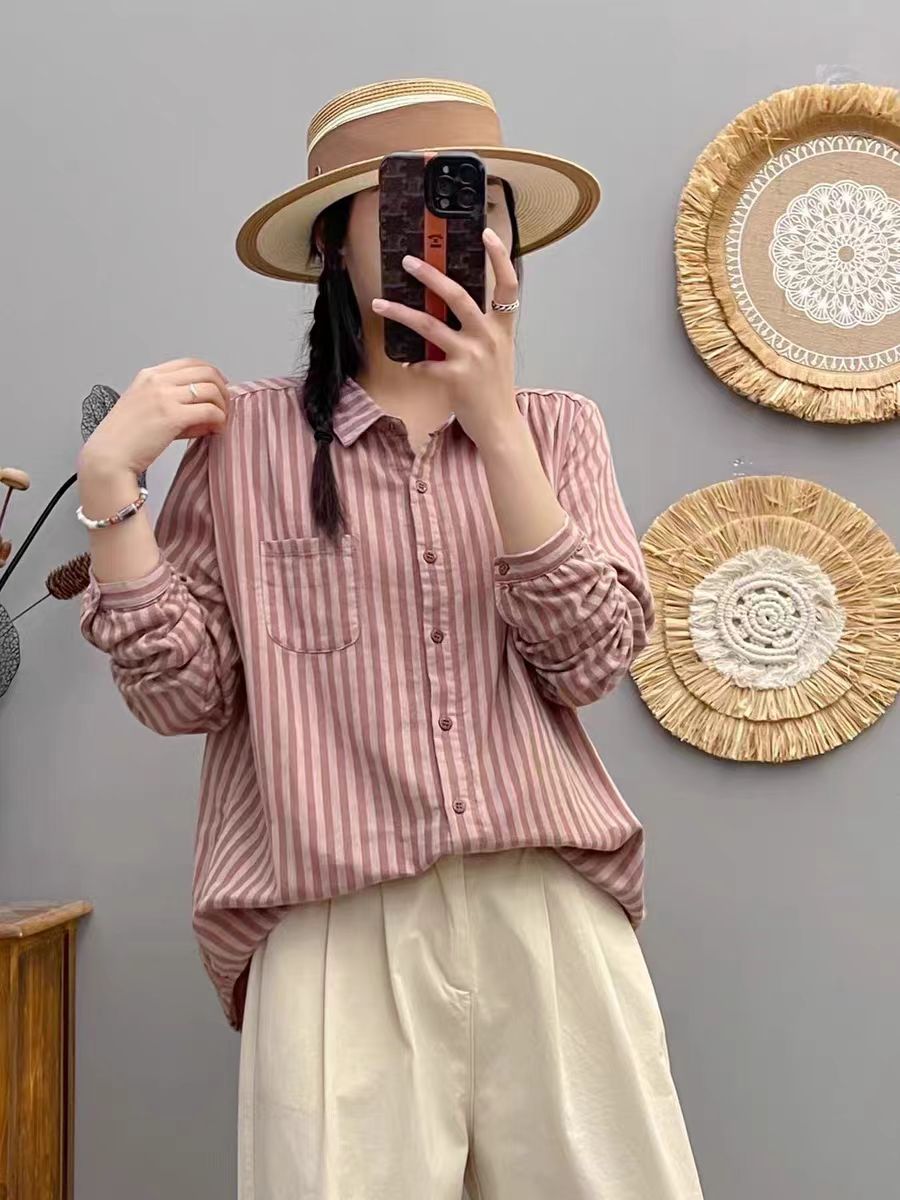 春秋薄款复古格子长袖衬衫女宽松显瘦纯棉上衣方领休闲时尚衬衣女