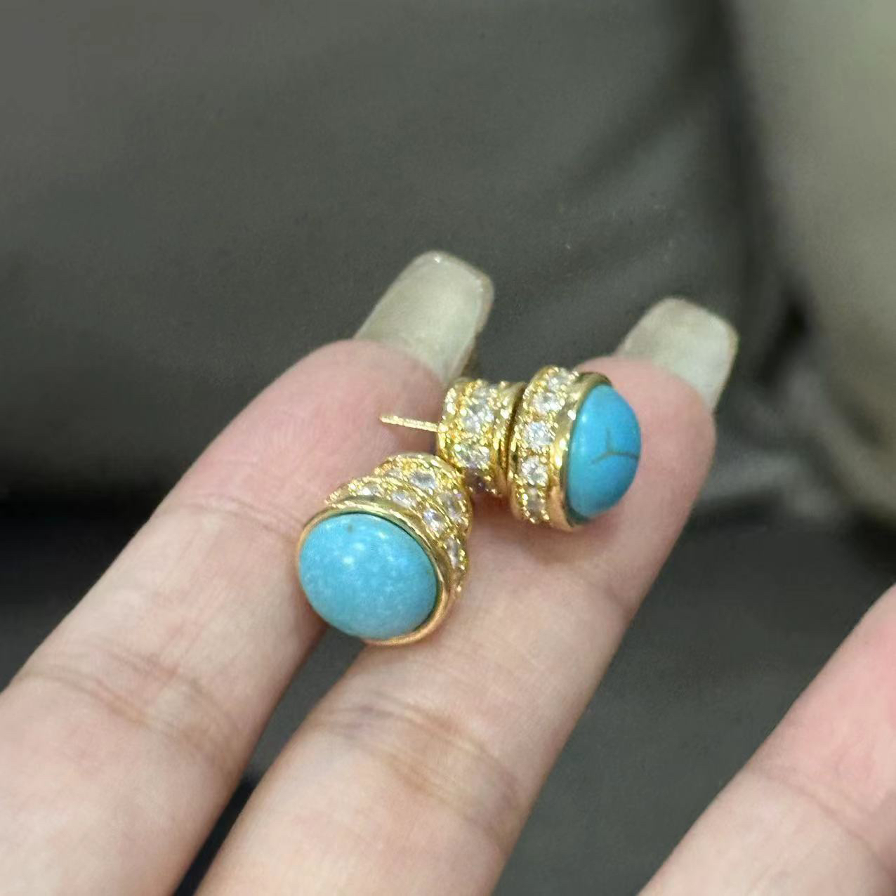 铜合金耳饰 蓝色圆形简约耳饰-4436