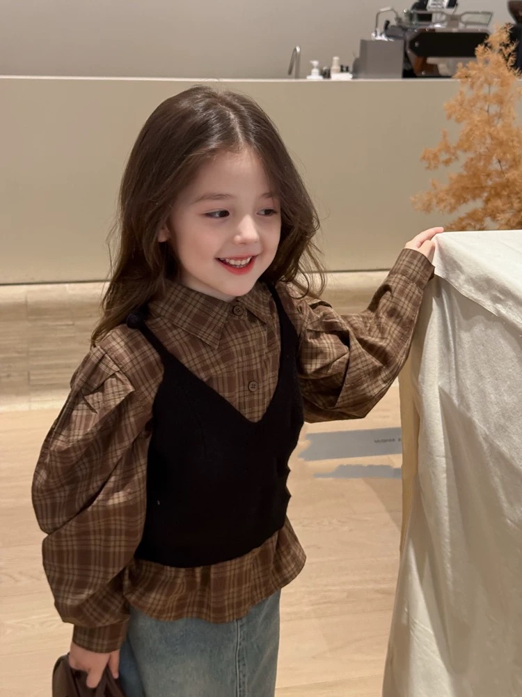 女童韩版休闲三季百搭针织衬衫俩件套套装A21