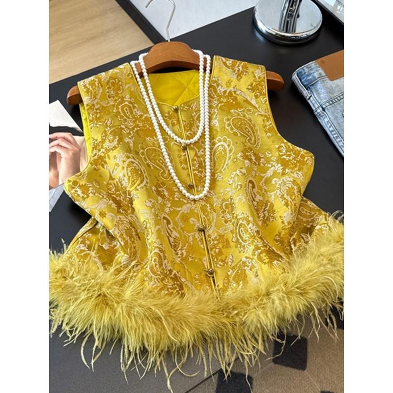 绝美新中式国风夹棉加厚马甲高端毛毛拼接提花坎肩上衣背心女冬