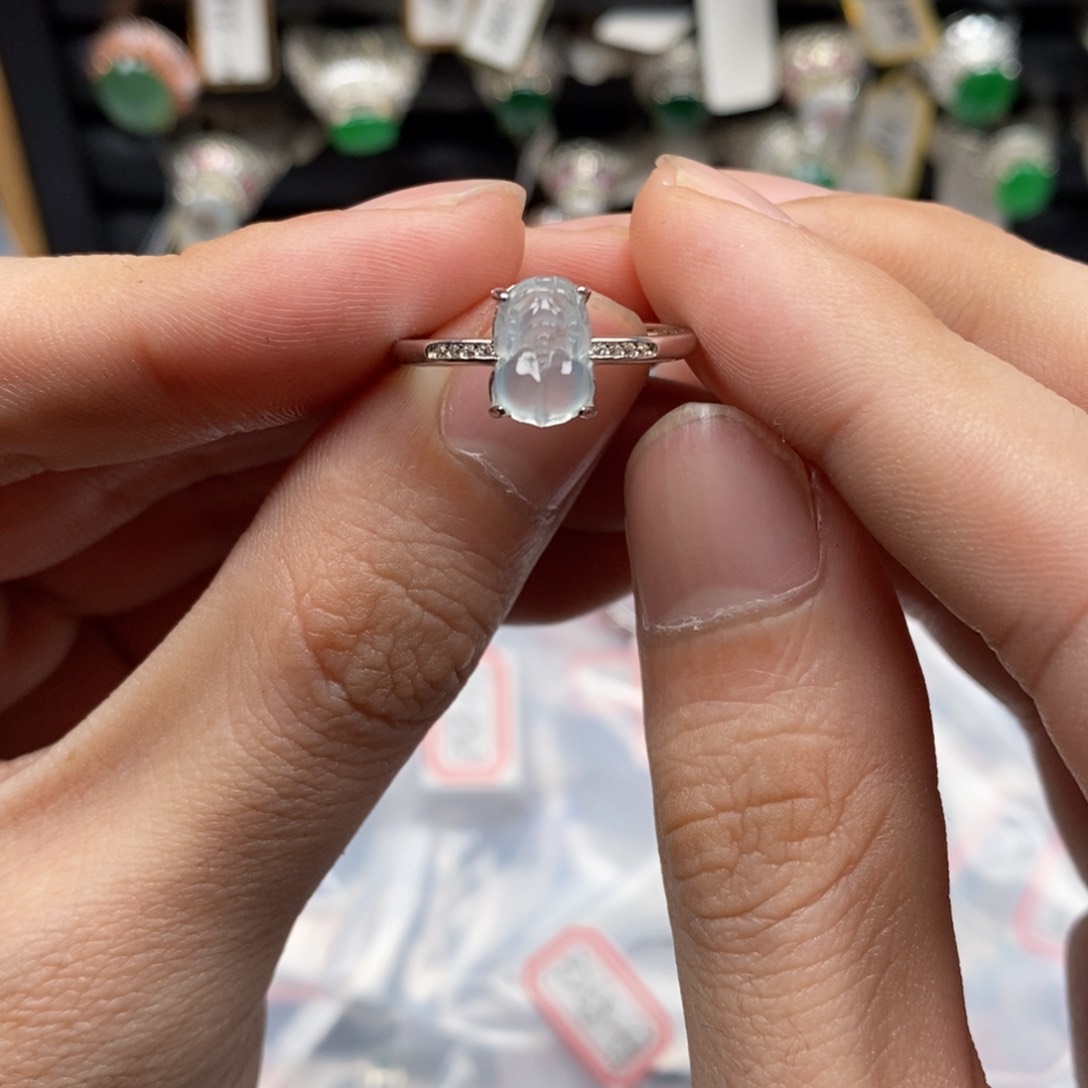 翡翠戒指银S925镶嵌四*天天然缅甸翡翠a货