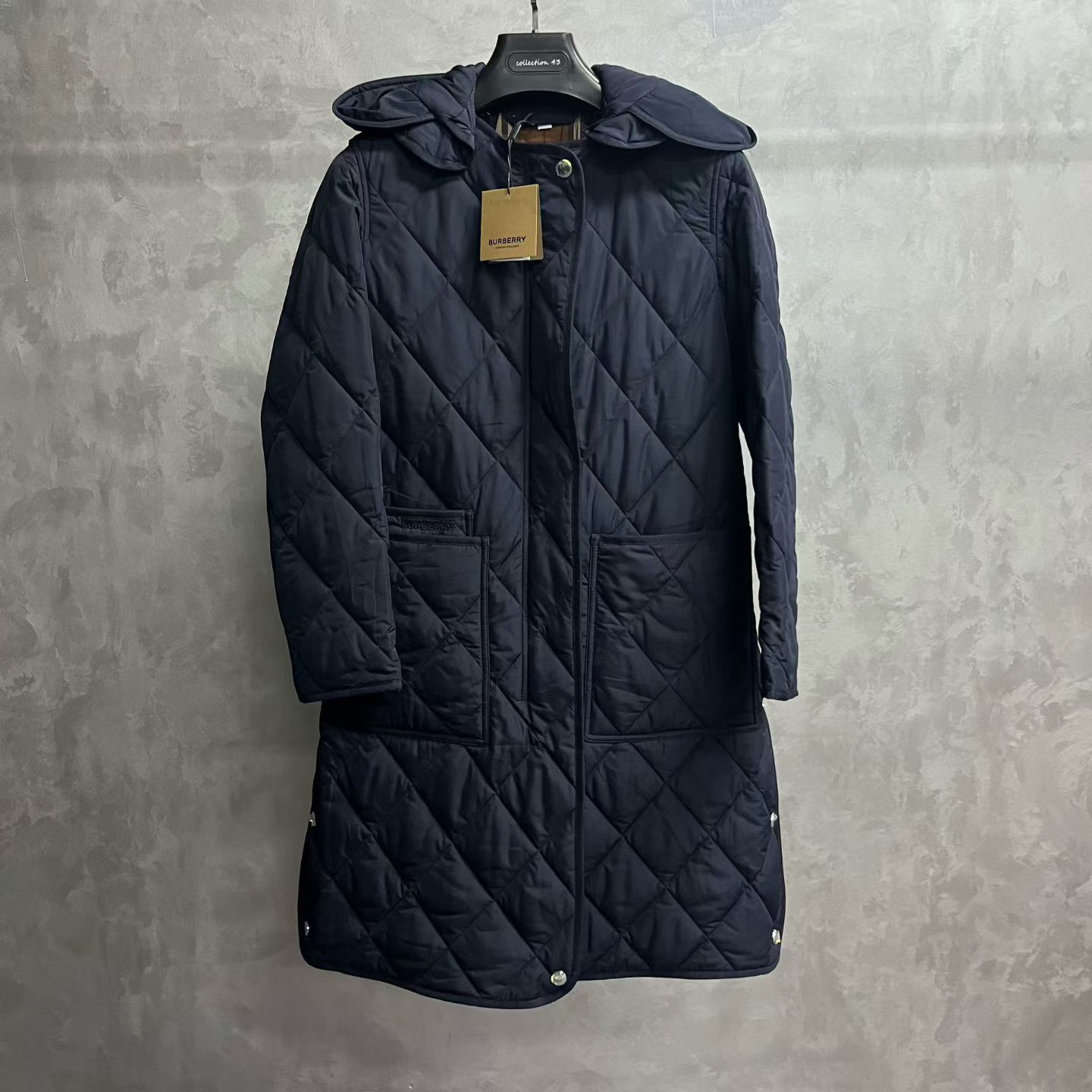 未使用 BURBERRY/博柏利 深蓝色纯色连帽长袖大衣Xxs