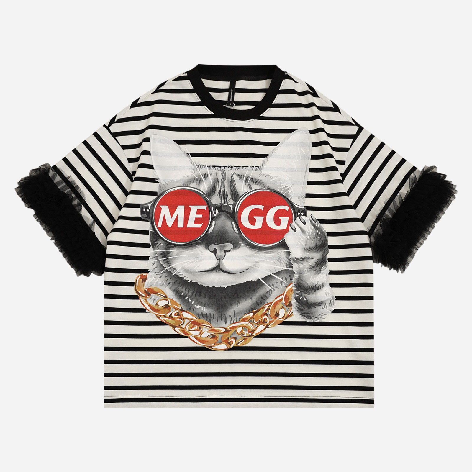 GGAHOLIDAY夏季时尚宽松休闲百搭洋气黑白条纹拼接显瘦T恤-152583