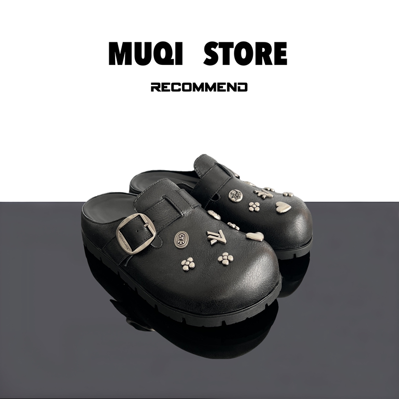 MUQI 欧货2025春季新款时尚百搭真皮厚底勃肯包头拖鞋女