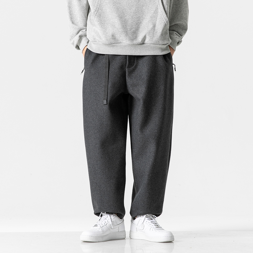 B023日系简约冬季保暖呢料加绒裤宽松纯色百搭阔腿休闲长裤