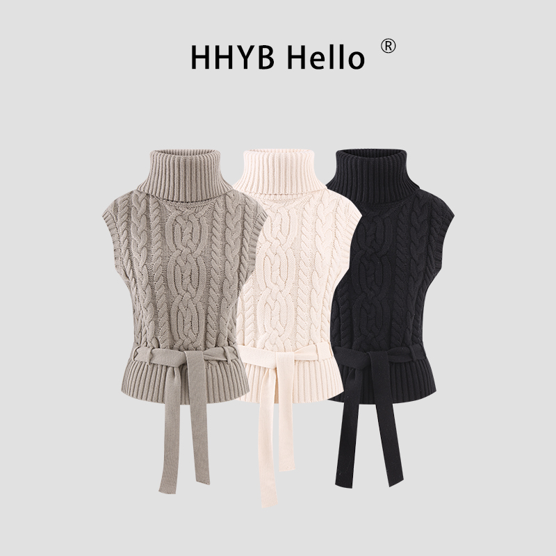 HHYB Hello麻花高领毛衣马甲秋冬2025新款系带收腰针织上衣M1679