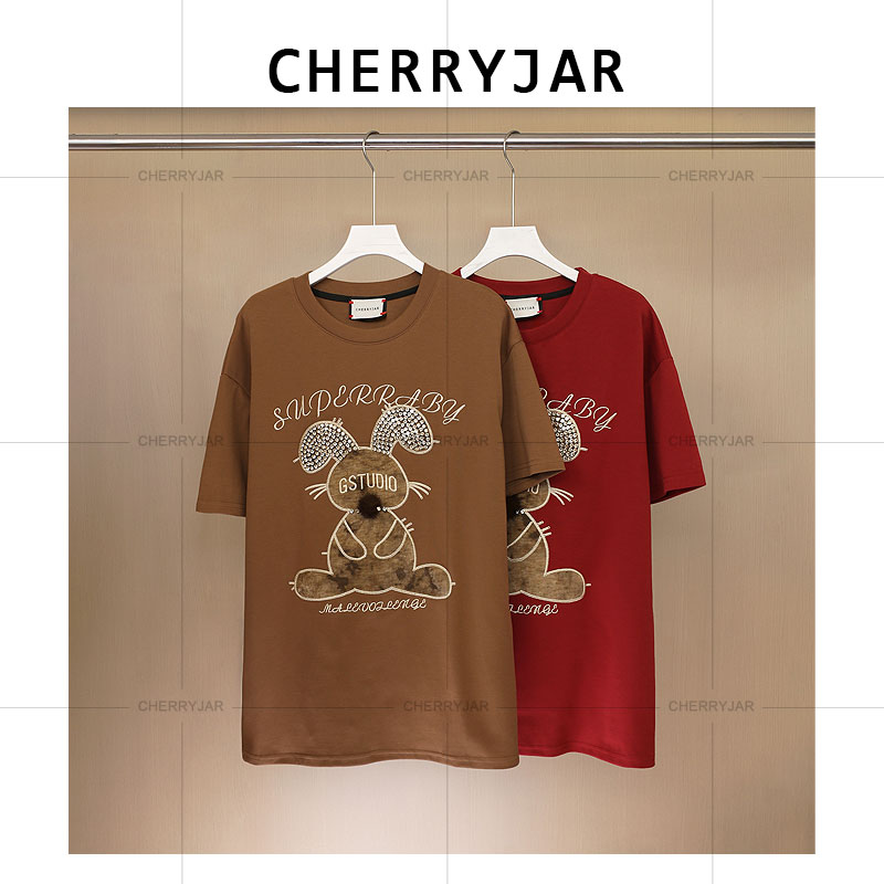 Cherryjar【251083】复古纯色贴布小兔刺绣镶钻点缀毛钱装饰夏季