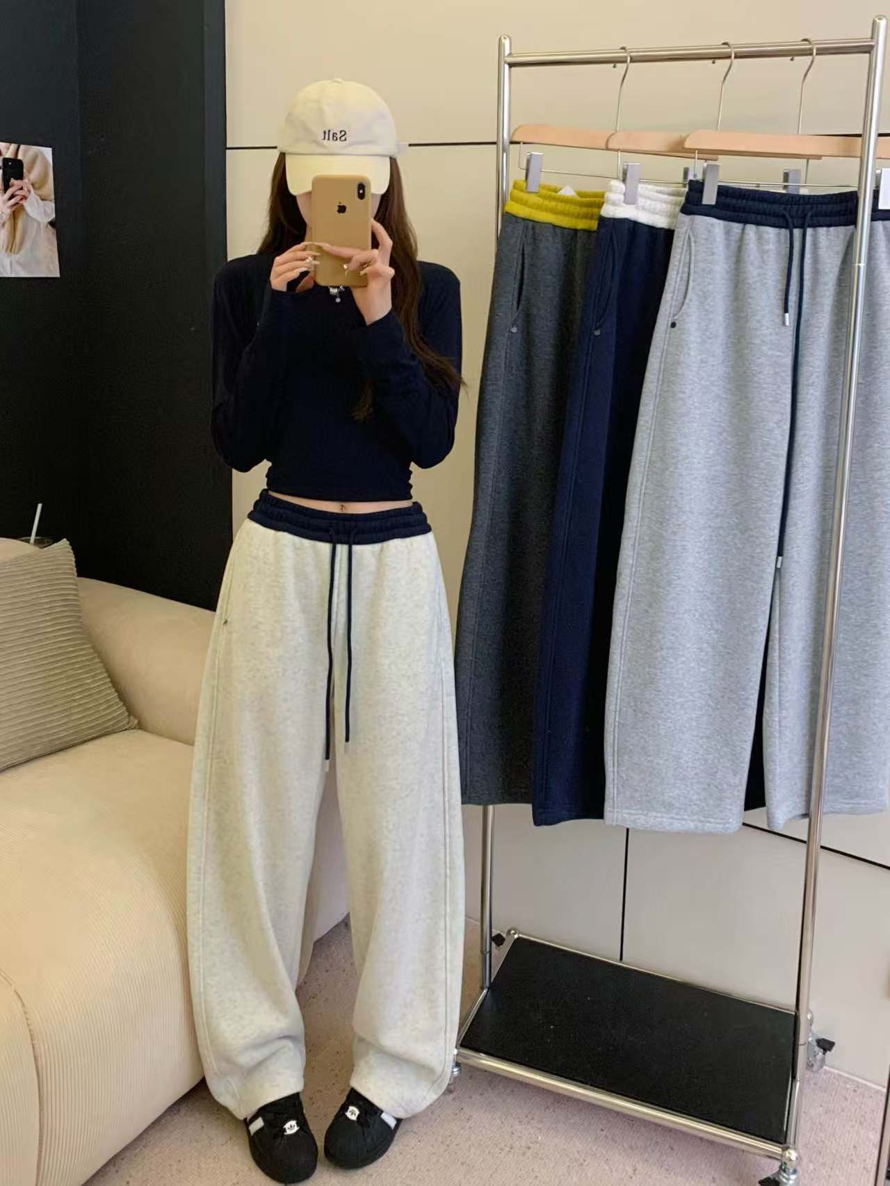 加绒加厚【8989】2025冬季女款显瘦休闲拼接腰头撞色弯刀裤卫裤