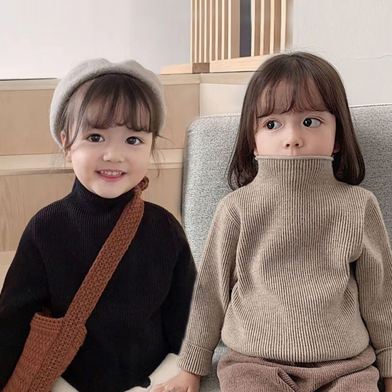 韩版男女童毛衣套头秋冬装半高领宝宝纯色百搭针织衫儿童新款打底