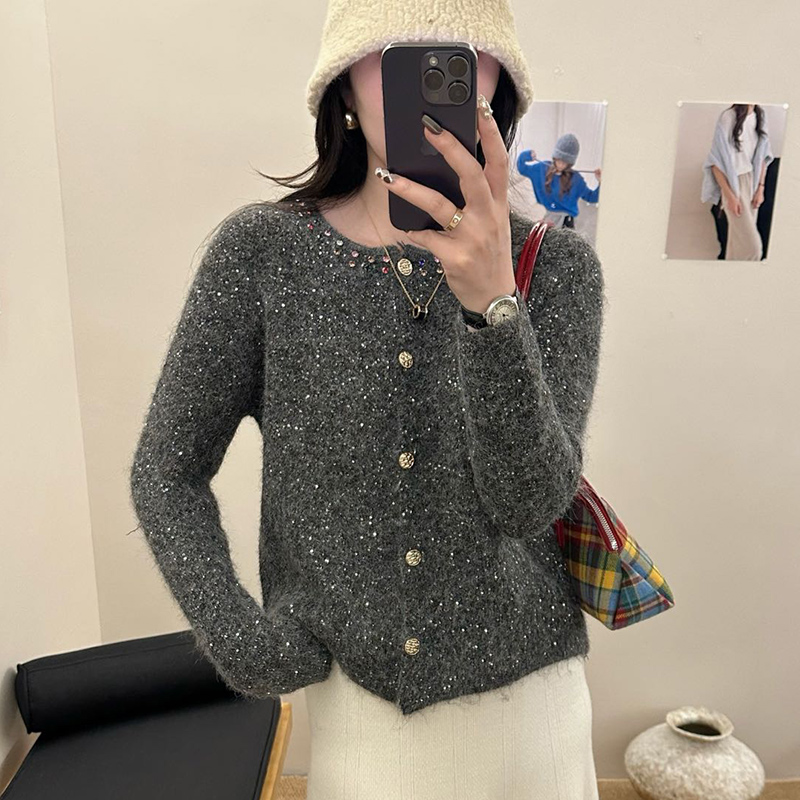 0417亮片洋气圆领针织开衫外搭长袖休闲纯色时尚针织外套