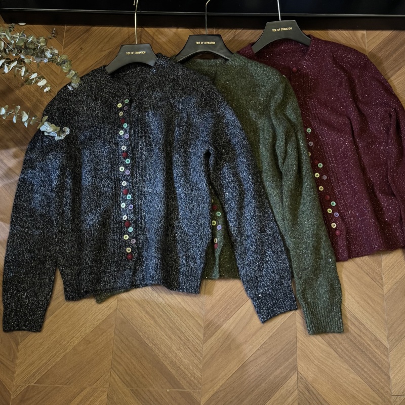 秋冬羊毛花纱彩扣针织开衫外套宽松显瘦圆领外穿毛衣打底衫38号