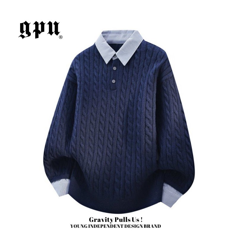 GPU言只日系男士冬季针织衫毛衣针织条纹保暖扭花宽松复古百搭