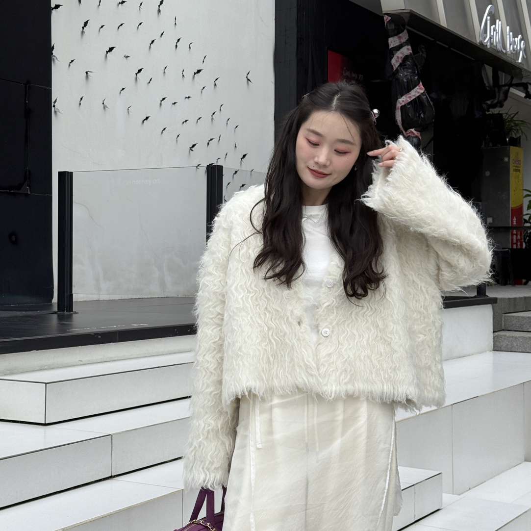 VK  毛茸茸手工羊毛拉毛长款开衫