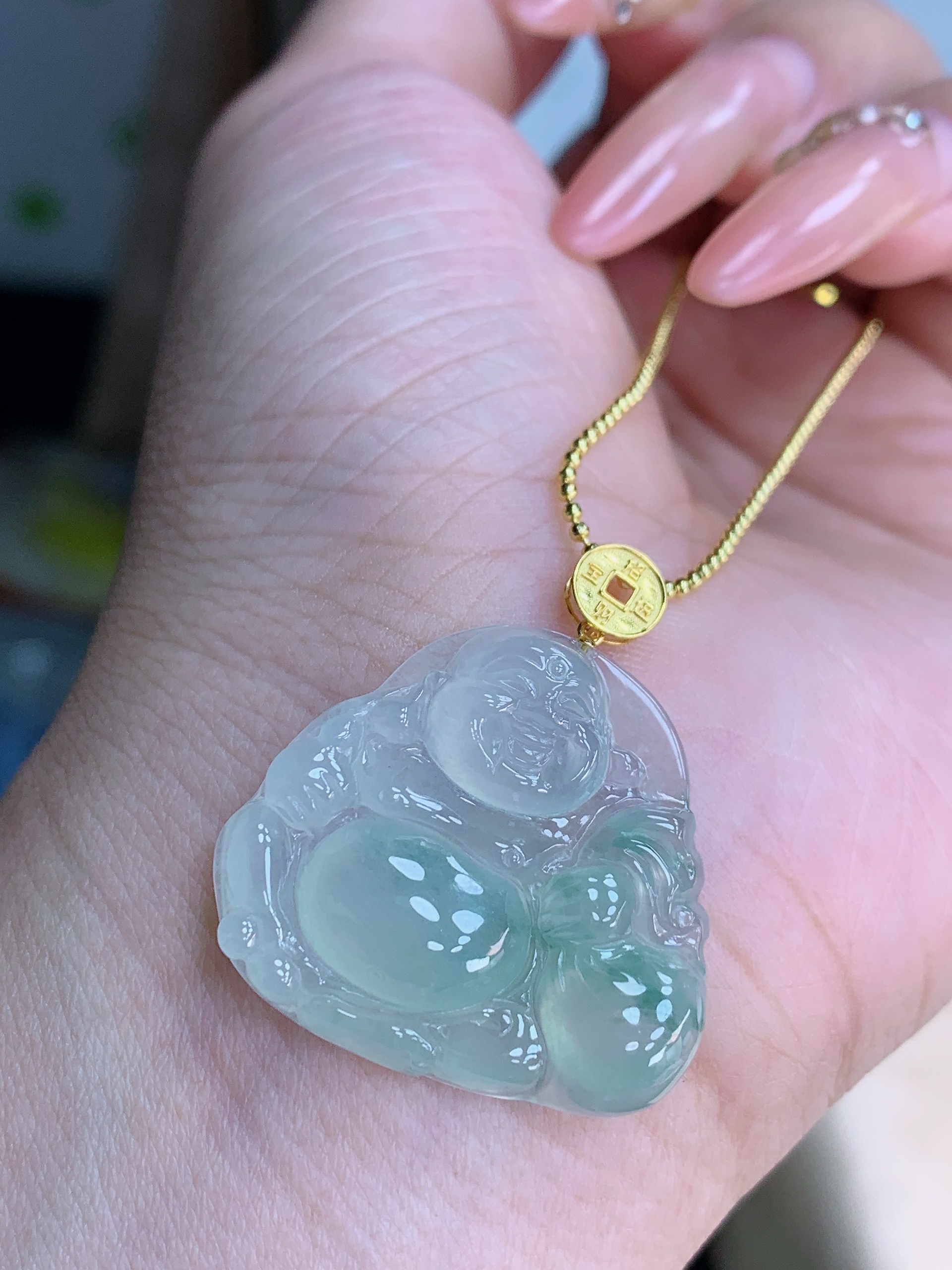 纯天然缅甸A货18k冰胶飘花布袋佛气质高冰轻奢时尚精美女士素款