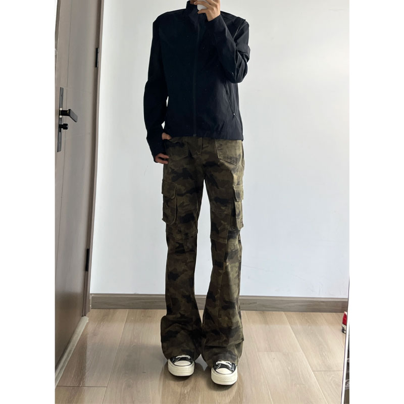 美式复古微喇迷彩裤男款窄版直筒弯刀高街vibe裤子做旧工装牛仔裤