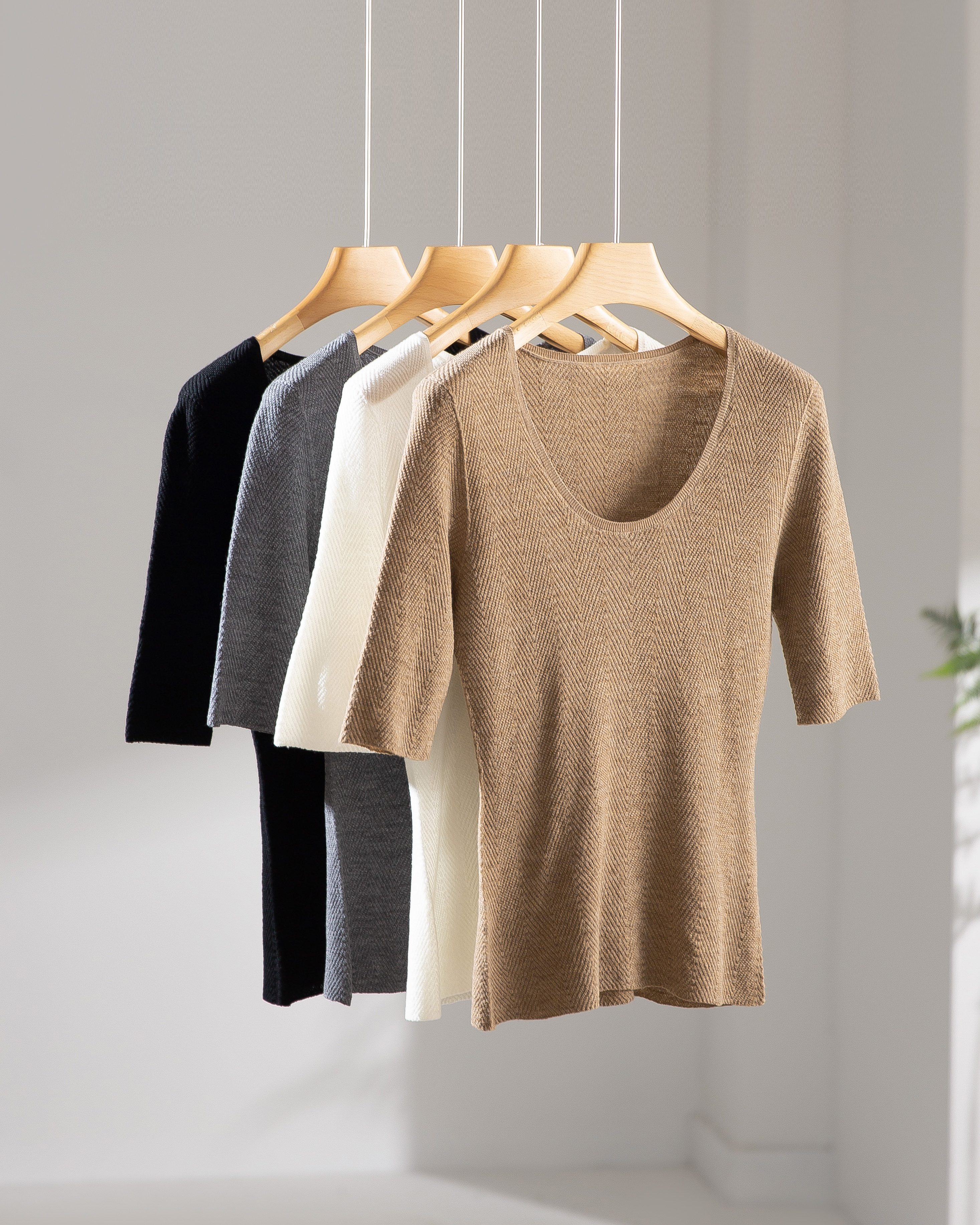 OSIFEEL U领德国『扬子纱』鱼骨纹中袖120S精纺100%羊毛  48-280