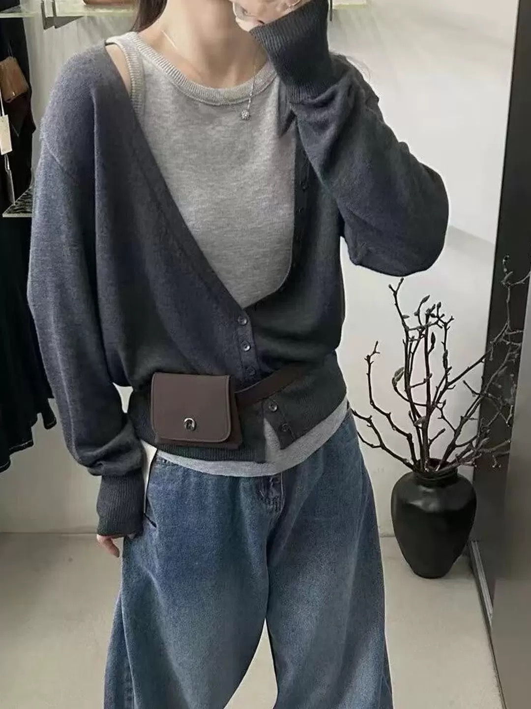 5093-6-CQ深灰配浅灰两件套针织上衣（80-135）