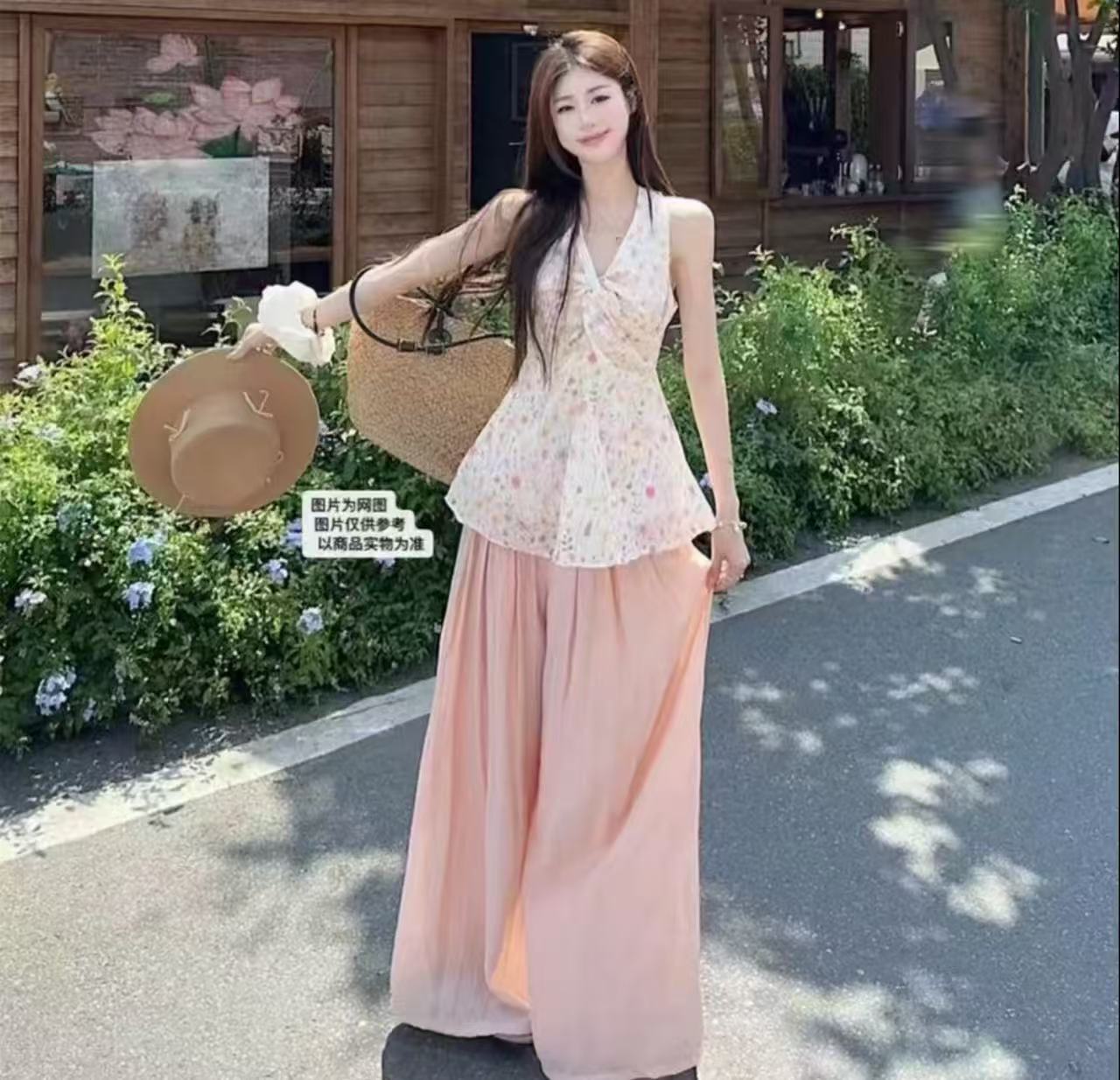 碎花扭结设计背心小衫吊带挂脖上衣+粉色宽松休闲裤2025夏季新款