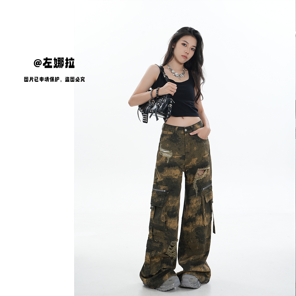 【YY11135】夏季新款宽松迷彩中高腰显瘦直筒牛仔裤