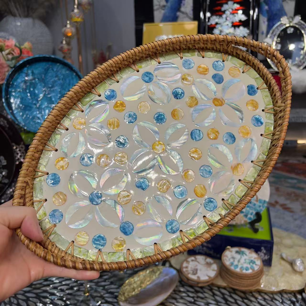 KA-||【蓝色茉莉】越南藤编提耳椭圆盘水果盘30*20*3cm