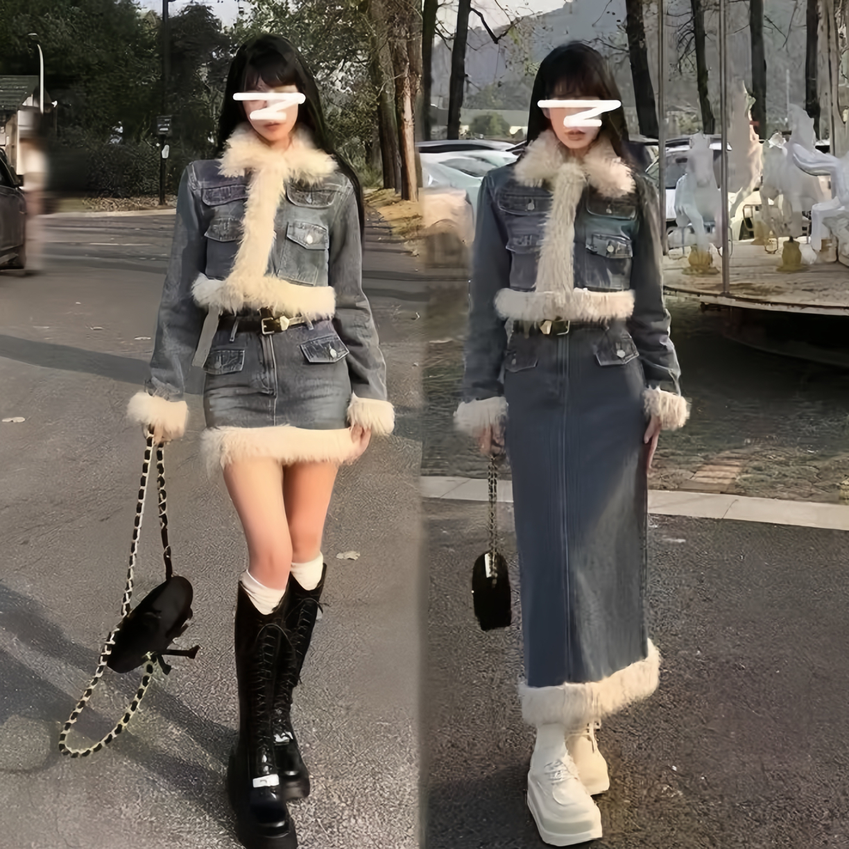 秋冬加棉大码小香风牛仔毛短外套搭配高腰半身裙女款9897/9897-1