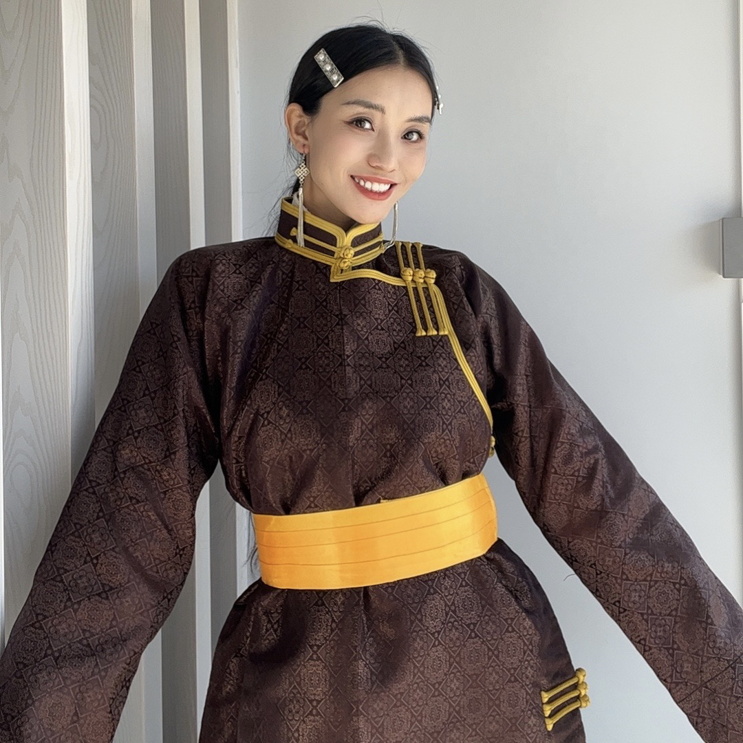【丝棱锆】深棕色复古传统服装加棉蒙古袍民族服装