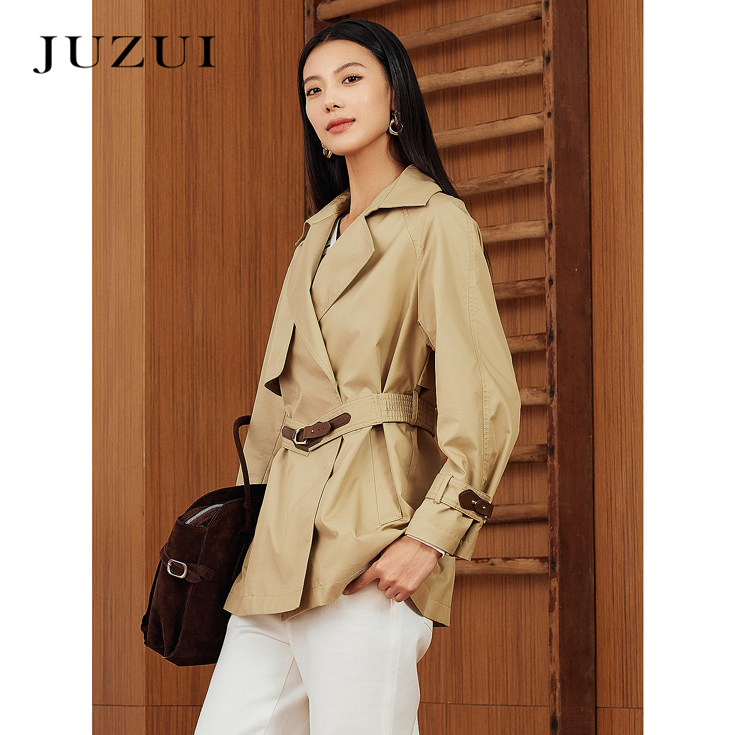 JZ玖姿商场同款通勤优雅一手长收腰风衣女2025春季新款JWFC41201