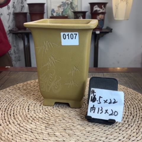 紫砂花盆青段孤品竹刻高四方0107