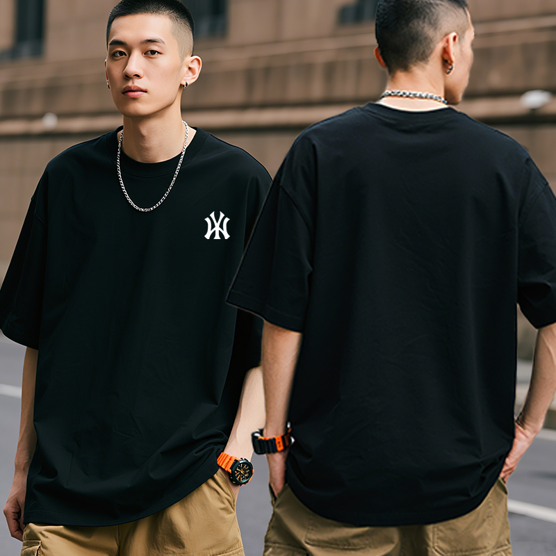 潮牌美式T恤潮流痞帅印花男款夏圆领宽松休闲短袖W10