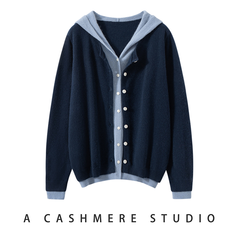 100纯山羊绒女连帽假两件针织衫秋冬打底毛衣L400RYD302