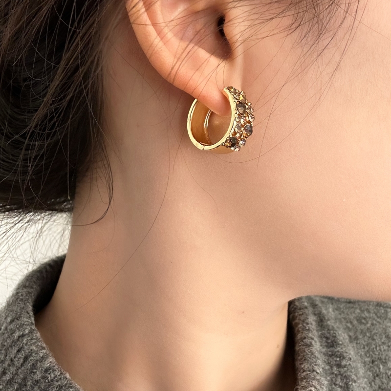 铜合金仿水晶耳饰 茶金色法式复古正圆耳扣 显白优雅小香风耳环