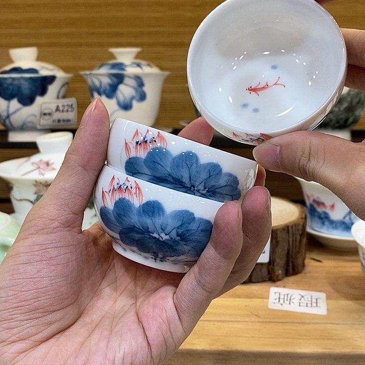 手绘荷花主人杯3个装瑕疵福利款