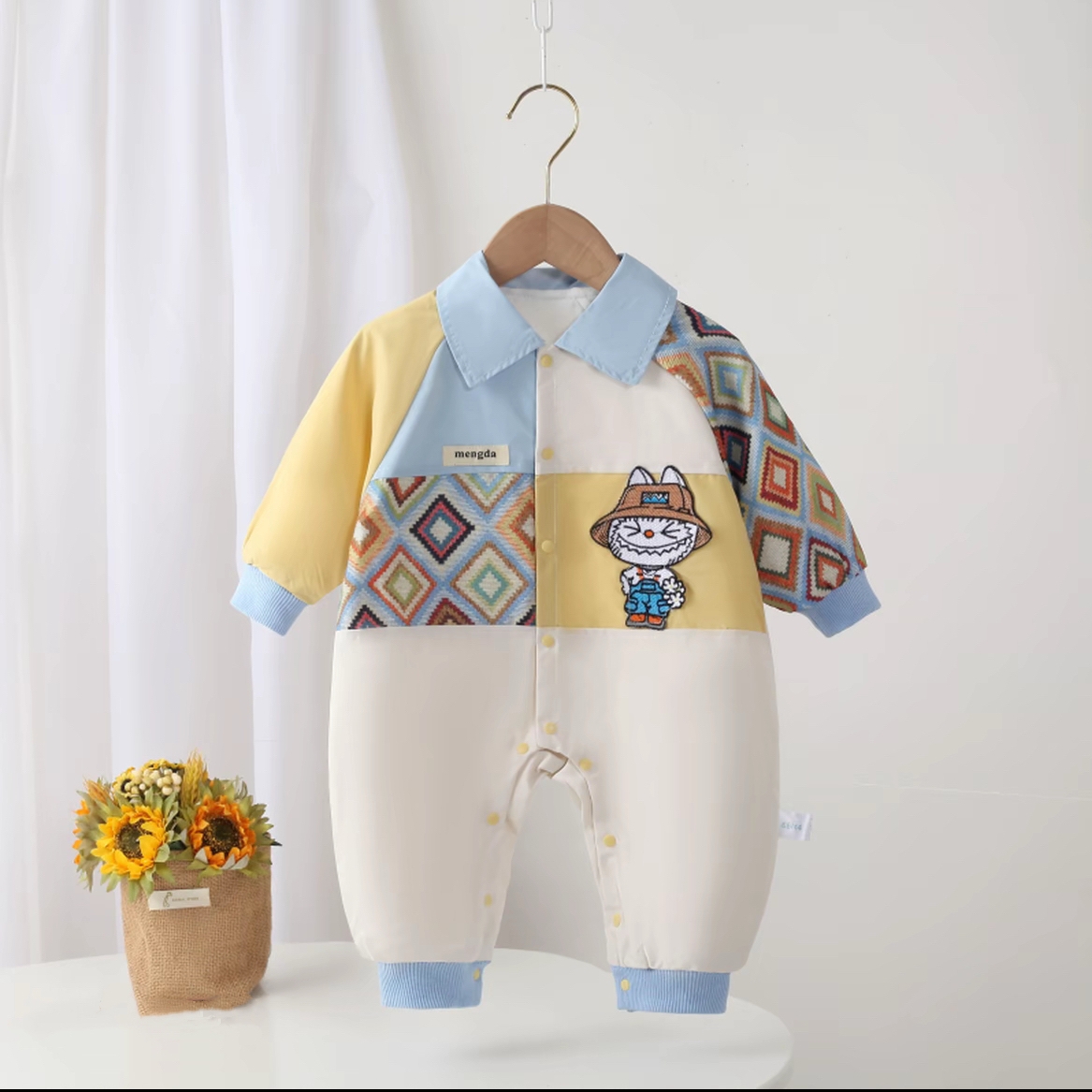 方格小猫男宝宝春秋连体衣哈衣婴儿外出服爬爬服新生儿长袖运动