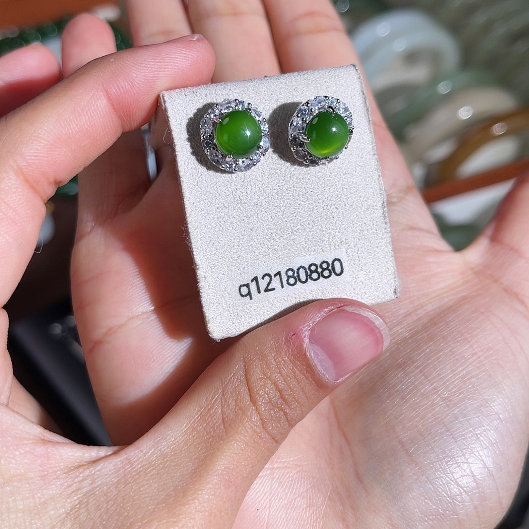 和田玉银S925镶嵌耳饰