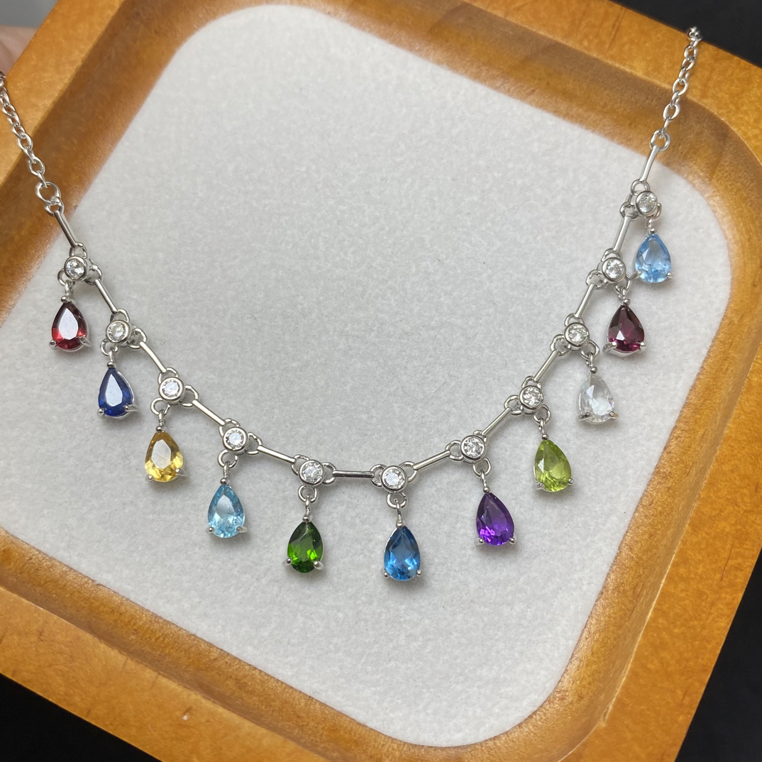 多宝满天星项链 天然水晶石榴石项链s925银 主石4*6mm 彩色百搭2