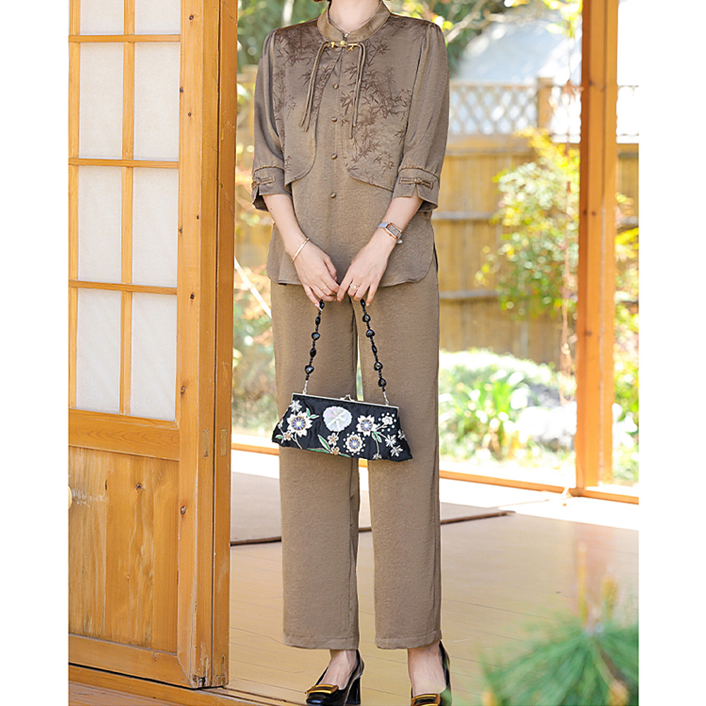 【白雪.荐选】桑蚕丝休闲套装短袖小衬衫裙裤两件套B82