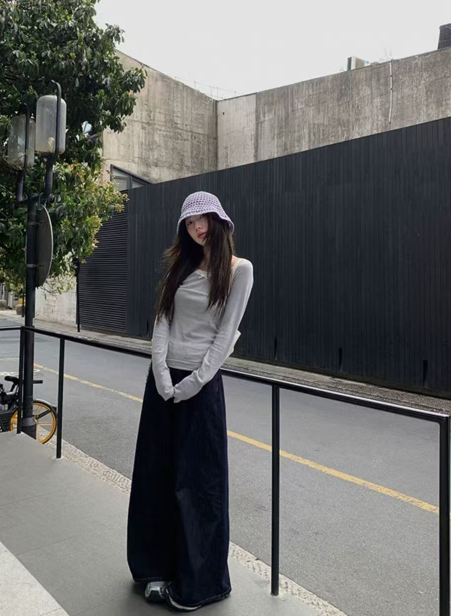 EVE XS1102# 梨形身材窄腰阔腿裤复古牛仔裤(裤长100腰围66)