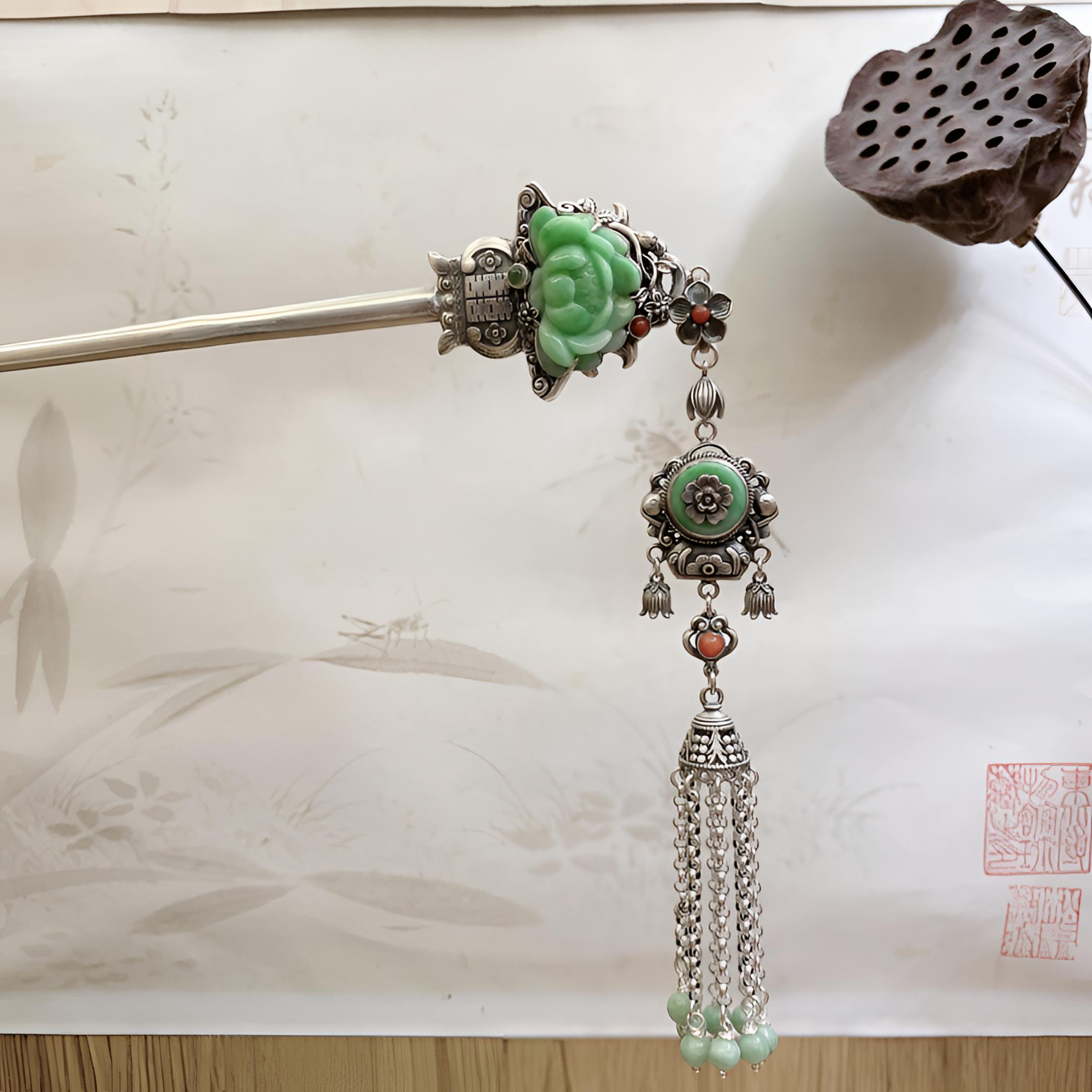 足银银制品 英英手工錾刻银发簪