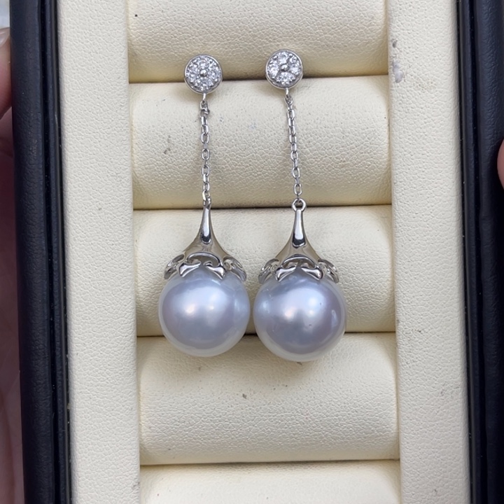 海水珍珠耳饰银S925镶嵌澳白耳饰14-15mm